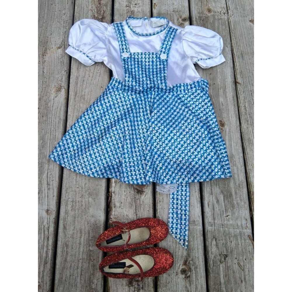 Dorothy Costume Girls Size 4-6 Wizard Of Oz With Ruby Slippers Shoes Sz 11